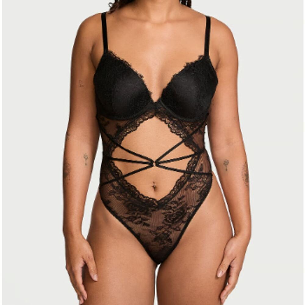 Victoria's Secret Rose Lace Strappy Teddy Bodysuit Size XS